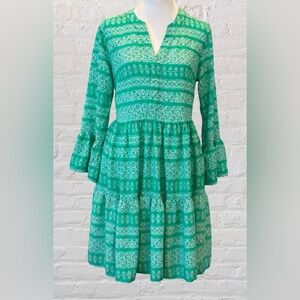 Destination 365 Green & White Printed Dress  Bell Sleeve Bohemian Cottagecore